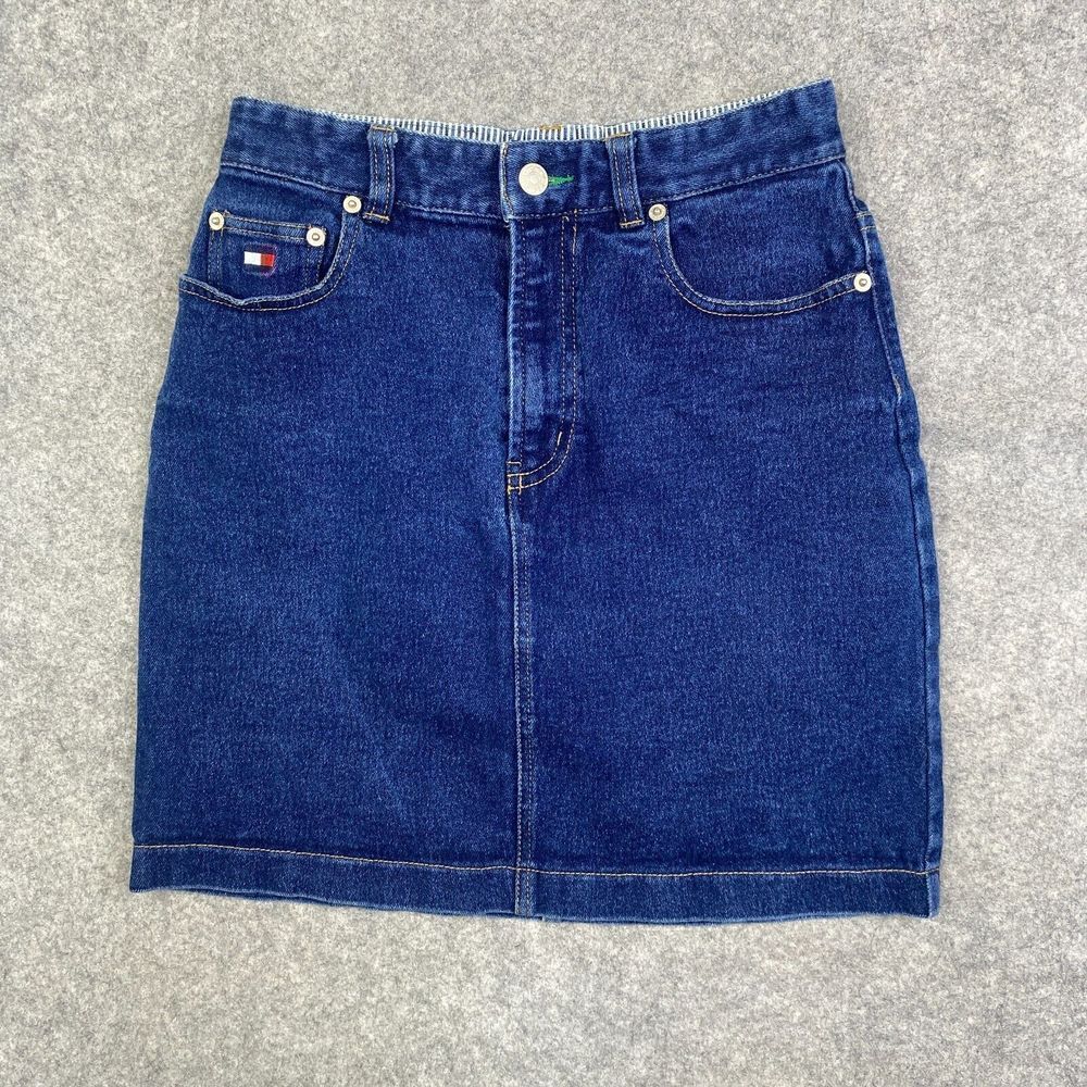 Vintage Tommy Hilfiger Denim Skirt Womens 4 Blue Pockets Big Flag Mini 90's